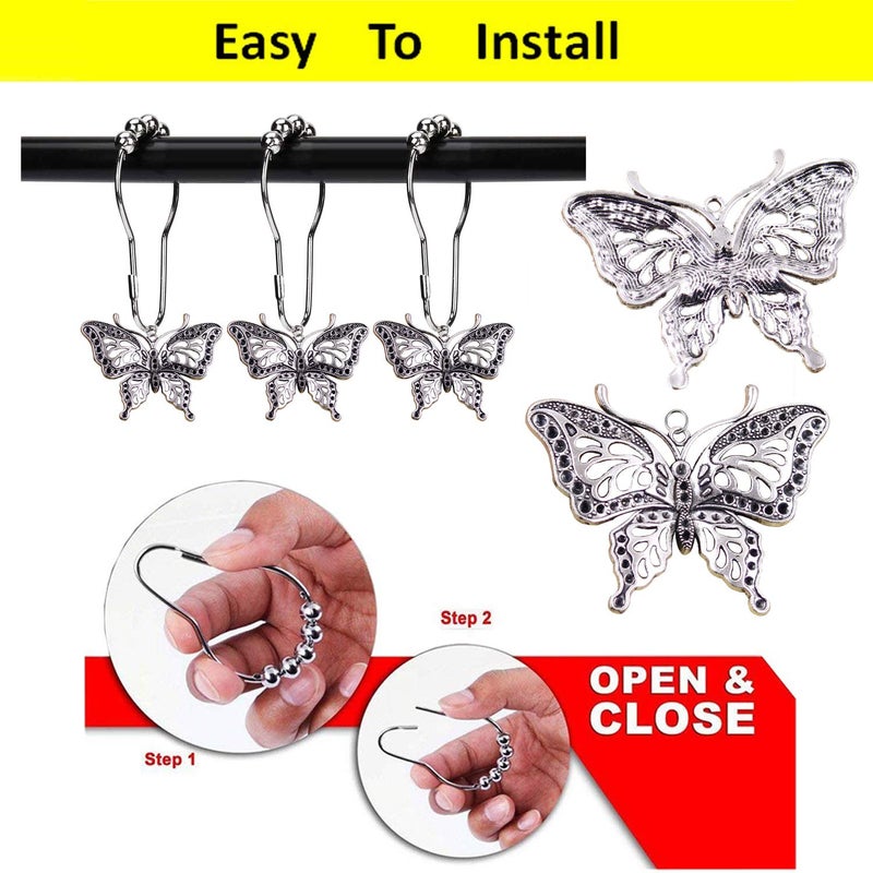 ZILucky 12pcs Butterfly Decorative Shower Curtain Hooks Garden Nature Insect Style Theme Home Rustproof Shower Curtain Rings Bathroom Decor Accessories (Silver) - Image 5